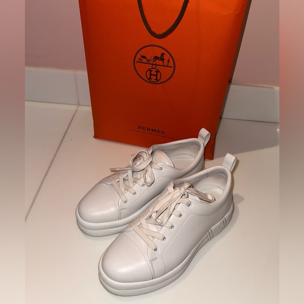 SOLD Authentic Hermes Day Sneakers | White Leather Size 37.5 W/Bag Box Dustbag